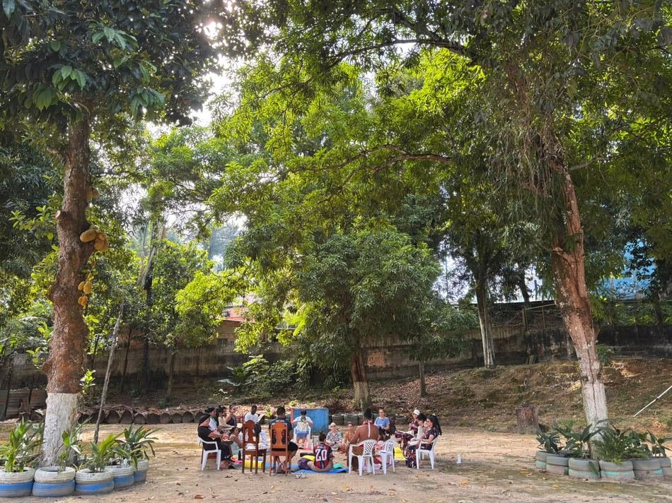 Roda de diálogo do Cuidadores de Comunidade sob as árvores, vista de longe.