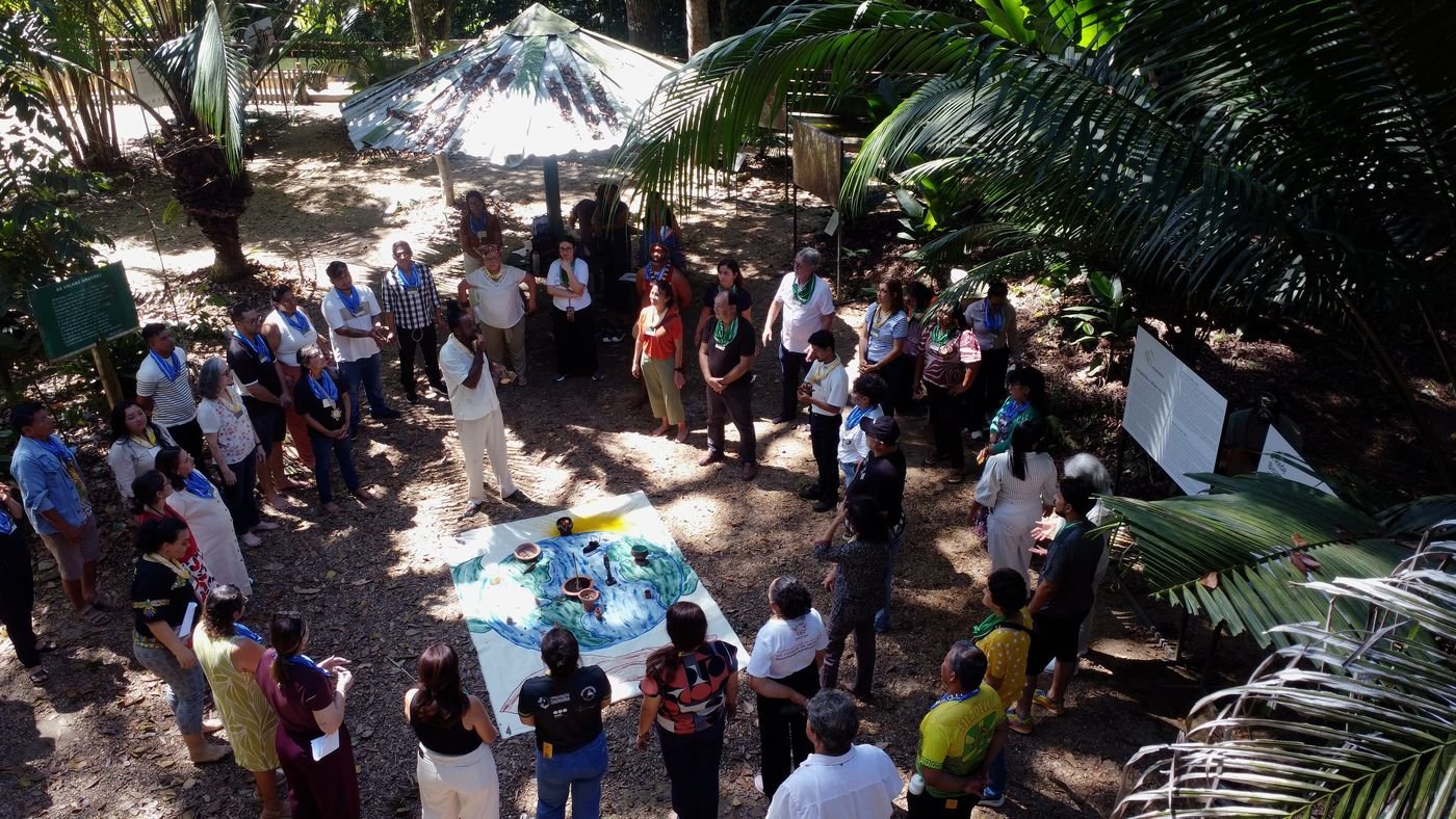 Vista de cima do grupo em roda no Bosque da Ciência, em torno de um tecido pintado com a floresta e as águas.